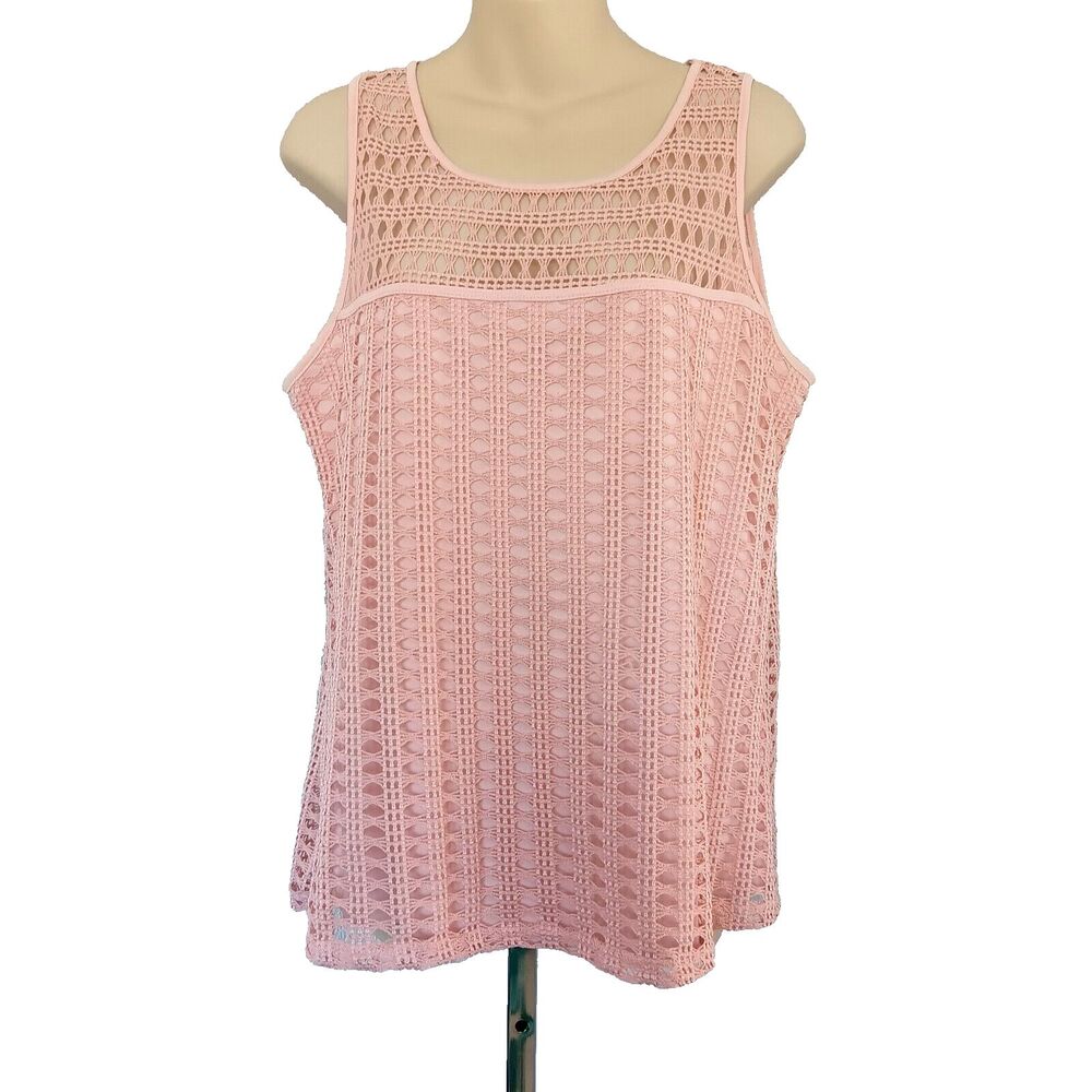 Naif Tank Top XL Pink Open Crochet Round Neck Lined Keyhole Back Polyester Knit